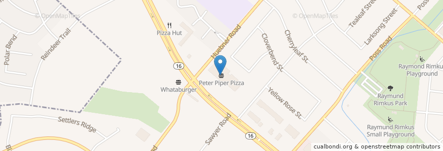 Mapa de ubicacion de Peter Piper Pizza en アメリカ合衆国, テキサス州, Bexar County, サンアントニオ, Leon Valley.