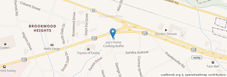 Mapa de ubicacion de Joy's Home Cooking Buffet en Vereinigte Staaten Von Amerika, Süd-Carolina, Pickens County, Easley.