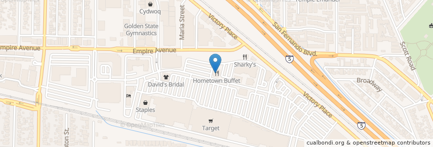Mapa de ubicacion de Hometown Buffet en Vereinigte Staaten Von Amerika, Kalifornien, Los Angeles County, Burbank.