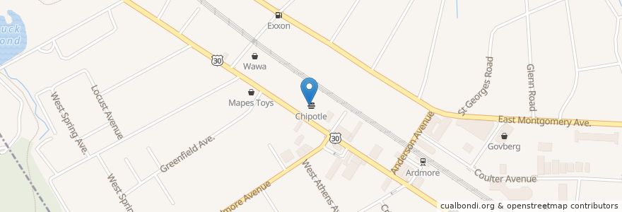 Mapa de ubicacion de Chipotle en 미국, 펜실베이니아, Montgomery County, Lower Merion Township.