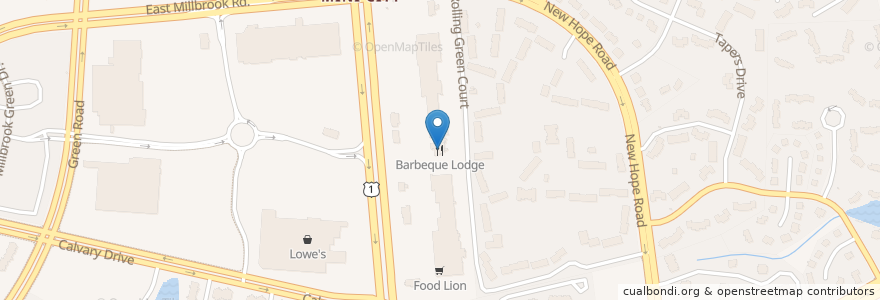Mapa de ubicacion de Barbeque Lodge en Amerika Birleşik Devletleri, Kuzey Karolina, Wake County, Raleigh.