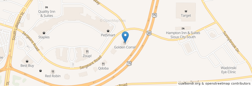 Mapa de ubicacion de Golden Corral en アメリカ合衆国, アイオワ州, Woodbury County, Sioux City.