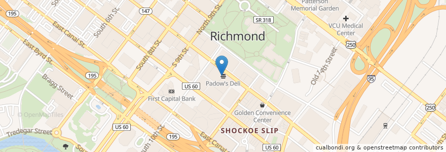 Mapa de ubicacion de Padow's Deli en الولايات المتّحدة الأمريكيّة, فيرجينيا, Richmond City.