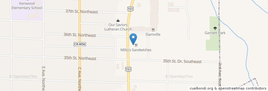 Mapa de ubicacion de Milio's Sandwiches en アメリカ合衆国, アイオワ州, Linn County, Cedar Rapids.