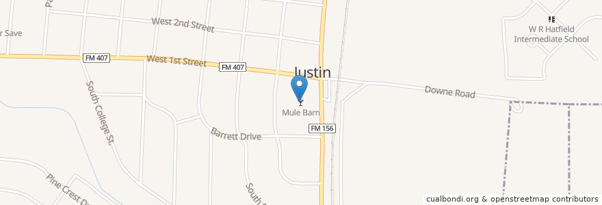 Mapa de ubicacion de Mule Barn en 미국, 텍사스, Denton County, Justin.