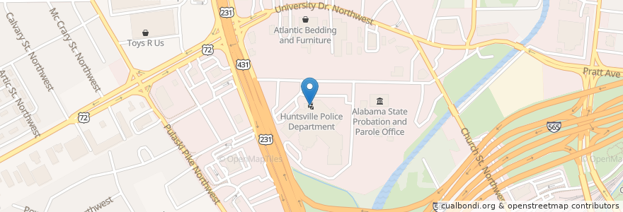 Mapa de ubicacion de Huntsville Police Department en Amerika Birleşik Devletleri, Alabama, Huntsville, Madison County.