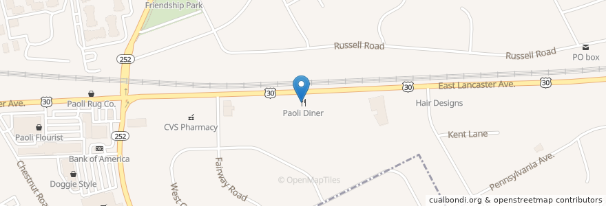 Mapa de ubicacion de Paoli Diner en 미국, 펜실베이니아, Chester County, Tredyffrin Township.