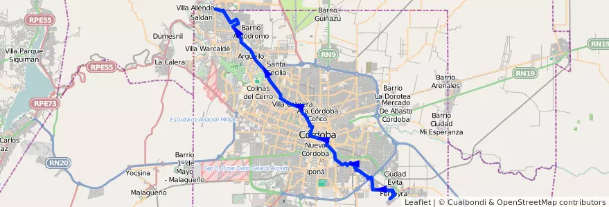 Mapa del recorrido 1 de la línea N (Naranja) en Municipio de Córdoba.
