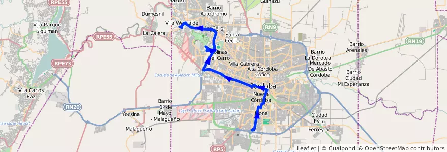 Mapa del recorrido 1 de la línea E (Celeste) en Municipio de Córdoba.