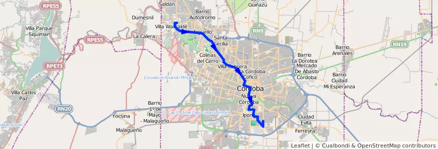 Mapa del recorrido 1 de la línea D (Diferencial) en Municipio de Córdoba.