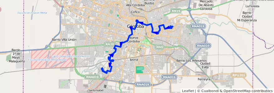 Mapa del recorrido 1 de la línea C (Amarillo) en Municipio de Córdoba.