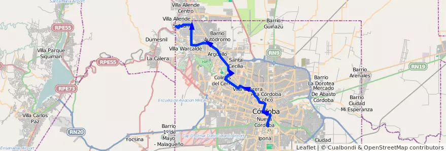 Mapa del recorrido 1 de la línea T (Transversal) en Pedanía Capital.