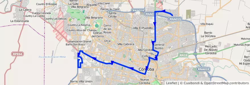 Mapa del recorrido 1 de la línea V (Verde) en Municipio de Córdoba.