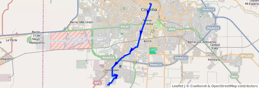 Mapa del recorrido 10 de la línea R (Rojo) en Municipio de Córdoba.