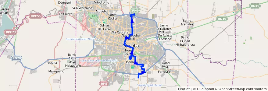 Mapa del recorrido 10 de la línea A (Azul) en Municipio de Córdoba.
