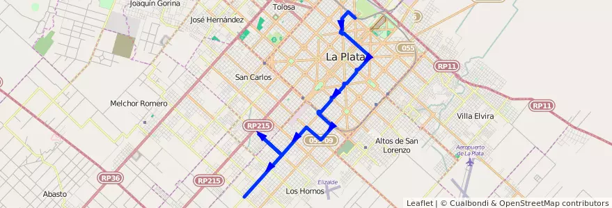 Mapa del recorrido 10 de la línea Sur en Partido de La Plata.