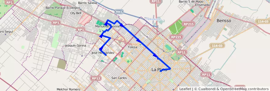Mapa del recorrido 10 de la línea Norte en Partido de La Plata.