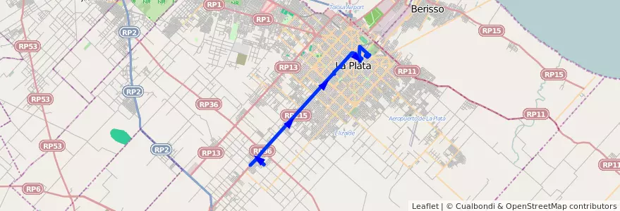 Mapa del recorrido 10 de la línea Oeste en Partido de La Plata.