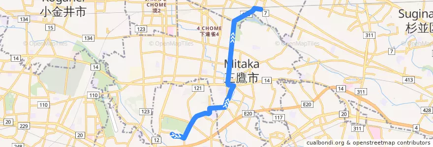 Mapa del recorrido Bus 吉04 深大寺->吉祥寺駅 de la línea  en Tokyo.