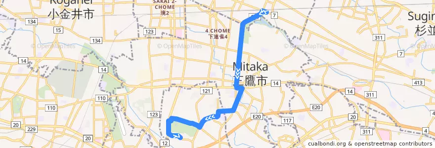 Mapa del recorrido Bus 吉04 吉祥寺駅->深大寺 de la línea  en Tokio.