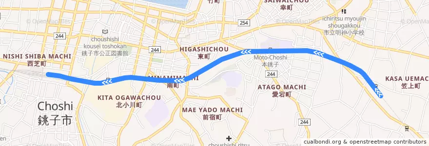 Mapa del recorrido 銚子電気鉄道線 de la línea  en 銚子市.