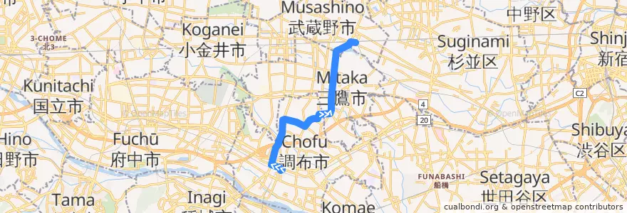 Mapa del recorrido Bus 吉05 調布駅北口->野ヶ谷->吉祥寺駅 de la línea  en Tokyo.
