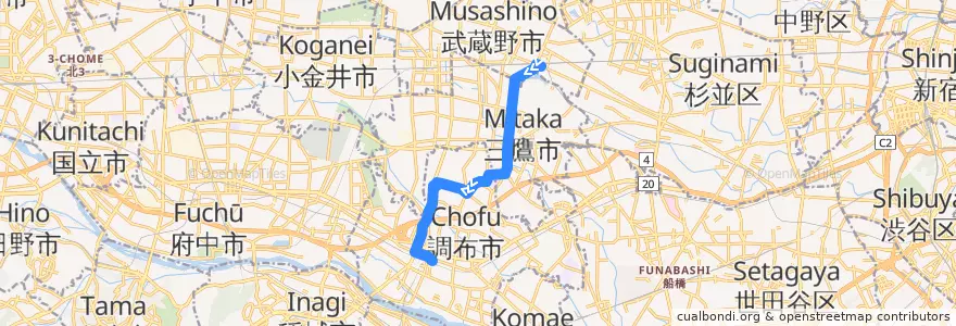 Mapa del recorrido Bus 吉05 吉祥寺駅->調布駅北口（野ヶ谷経由） de la línea  en Tokyo.