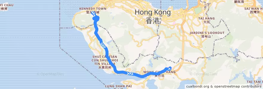 Mapa del recorrido 港島專綫小巴59X線 Hong Kong Green Minibus 59X (堅尼地城 Kennedy Town → 葛量洪醫院 Grantham Hospital) de la línea  en 홍콩섬.