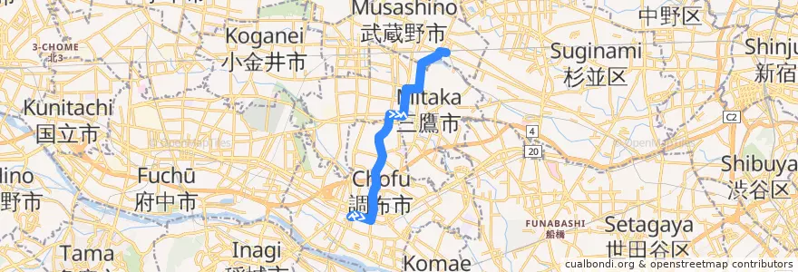 Mapa del recorrido Bus 吉14 調布駅北口->吉祥寺駅 de la línea  en Tokyo.
