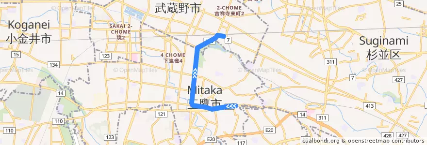 Mapa del recorrido Bus 吉02 下本宿->吉祥寺駅 de la línea  en Tokio.