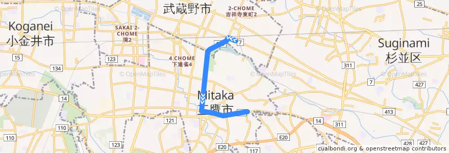 Mapa del recorrido Bus 吉02 吉祥寺駅->下本宿 de la línea  en Tokio.
