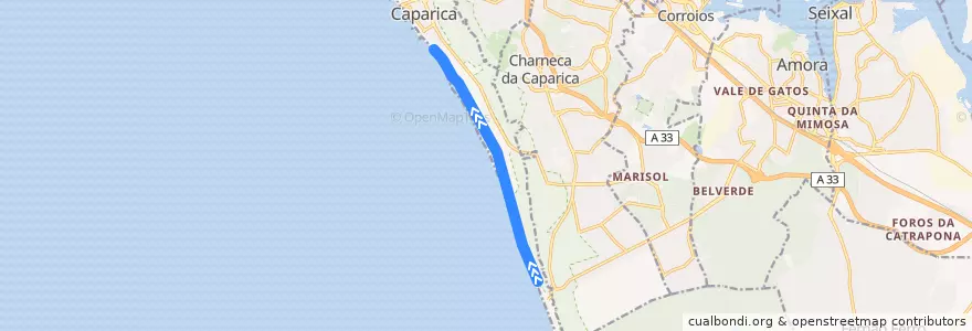 Mapa del recorrido Minicomboio da Caparica: Fonte da Telha → Costa da Caparica de la línea  en Costa da Caparica.