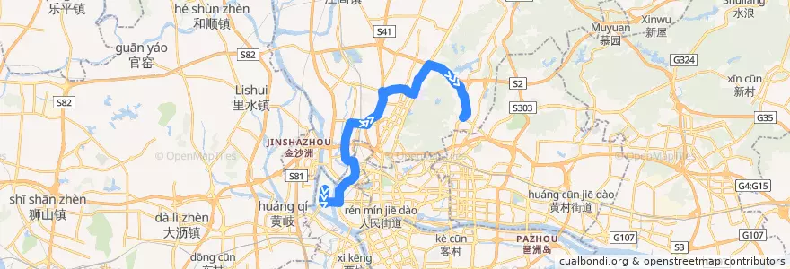 Mapa del recorrido 832路[河沙(太佳广场)总站-南方医院总站] de la línea  en Guangzhou City.