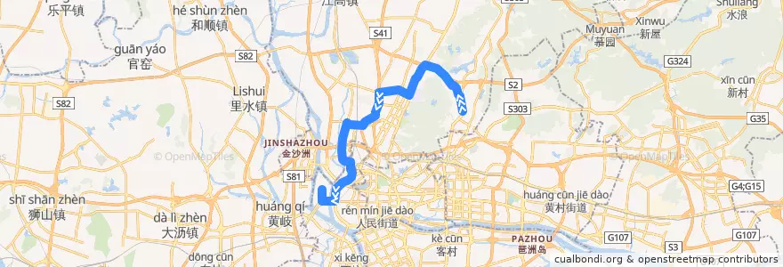 Mapa del recorrido 832路[南方医院总站-河沙(太佳广场)总站] de la línea  en Cantón.