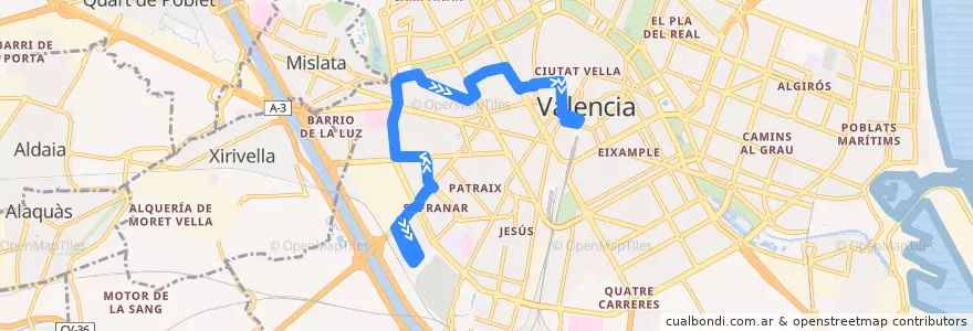 Mapa del recorrido Bus 73: Tres Creus => Estació del Nord de la línea  en Comarca de València.