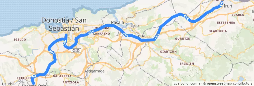 Mapa del recorrido E2 : Irun => Lasarte-Oria de la línea  en Guipuscoa.