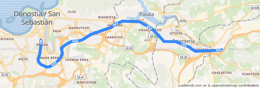 Mapa del recorrido E2 : Oiartzun => Amara de la línea  en Donostialdea.