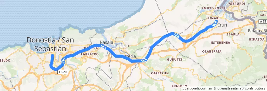 Mapa del recorrido E2 : Irun => Amara de la línea  en Гипускоа.