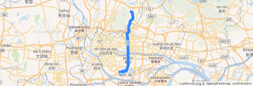 Mapa del recorrido 836路(海珠客运站总站-白云山制药厂总站) de la línea  en Гуанчжоу.