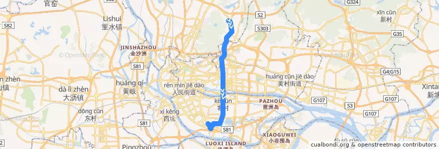Mapa del recorrido 836路(白云山制药厂总站-海珠客运站总站) de la línea  en Cantón.