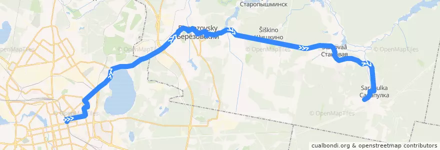 Mapa del recorrido Автобус 121. Екатеринбург. Автостанция Восточная - Посёлок Сарапулка de la línea  en Oblast Swerdlowsk.