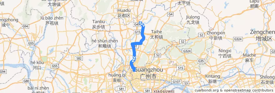Mapa del recorrido 840路[人和(恒充充电站)总站-广州火车站(草暖公园)总站] de la línea  en Baiyun District.