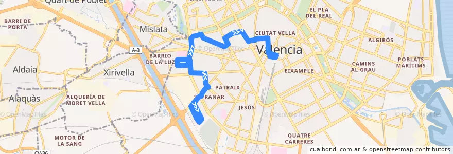 Mapa del recorrido Bus 73: Tres Creus => Estació del Nord (Institut) de la línea  en Comarca de València.