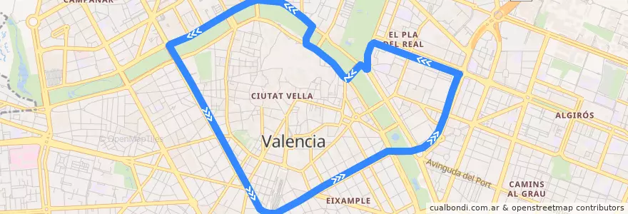 Mapa del recorrido Bus 80: Circular Grans Vies de la línea  en Comarca de València.