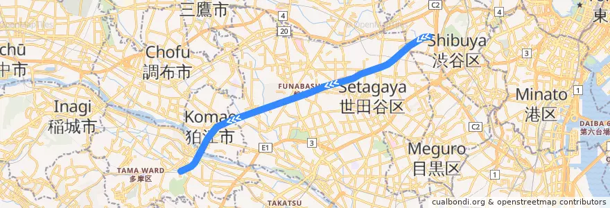 Mapa del recorrido 東京地下鉄の直通運転 - 多摩線 de la línea  en Tóquio.