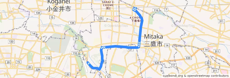 Mapa del recorrido Bus 鷹58 三鷹駅->調布飛行場 de la línea  en Tokyo.