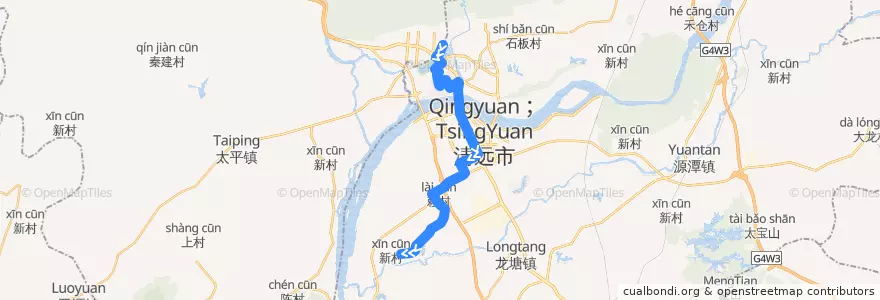 Mapa del recorrido 清远222路公交(飞来湖总站→玉塘) de la línea  en 清城区 (Qingcheng).