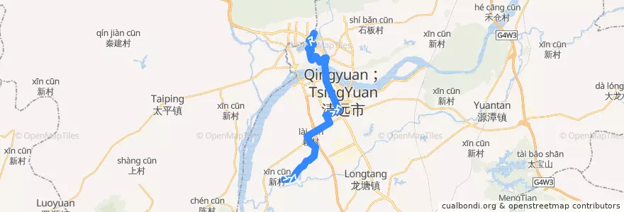 Mapa del recorrido 清远222路公交(玉塘→飞来湖总站) de la línea  en Qingcheng District.