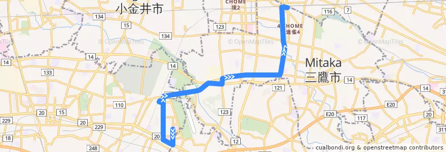 Mapa del recorrido Bus 鷹52 朝日町三丁目->三鷹駅 de la línea  en Tokyo.