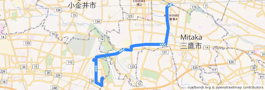 Mapa del recorrido Bus 鷹52 三鷹駅->朝日町三丁目 de la línea  en Tokyo.